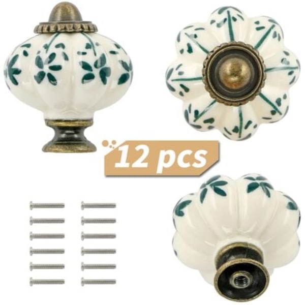 QU/12-pack Elfenbensfärgade och gröna keramiska knoppar - Skåpsknoppar med pumpadesign, retro byråknoppar - Vintage lådhandtag med skruvar