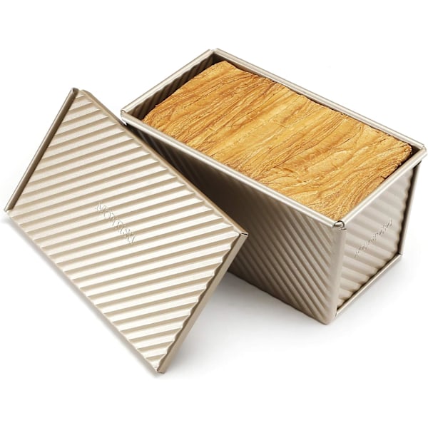QU*Pullman brødform med lokk, brødform, ristform, korrugert brødform med lokk, 450 g deig, non-stick gull legerert stål (21,5 x 12,3 x 11,4 cm)