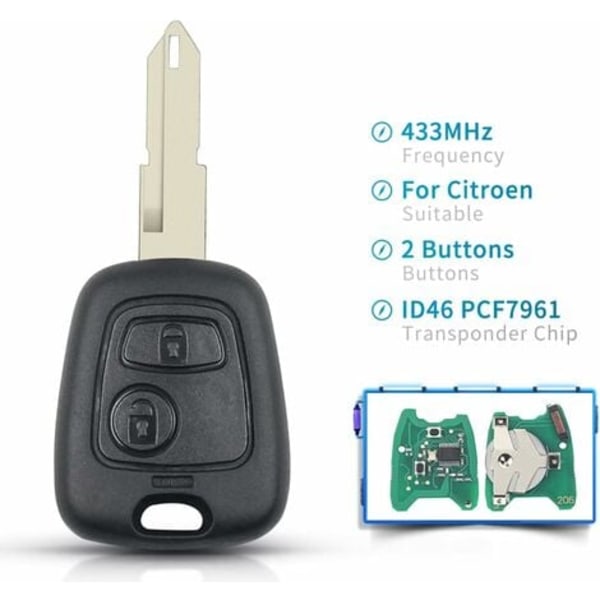 #QD#Heart Horse 2-knaps 433MHz Bilnøgle Fjernbetjeningsnøglehus til Peugeot 206 med ID46-chip og NE73-blad