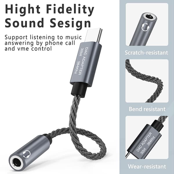 32bit / 384kHz USB-C till 3,5 mm ljudadapterkabel DAC-adapter Grå