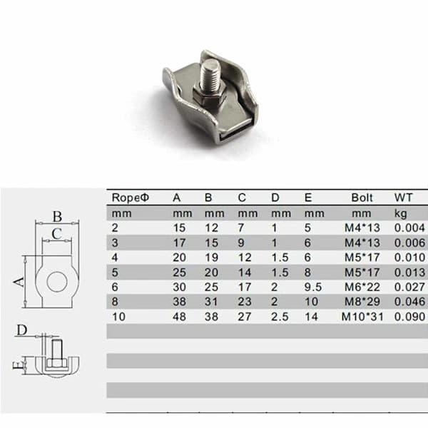 M8 Wire Rope Clips 304 Rustfritt Stål Kabelklemme (6-pakning)