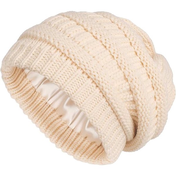 Stickad vintermössa för kvinnor, varm slouchy skidmössa, satin foder, beige, passar 52-60cm