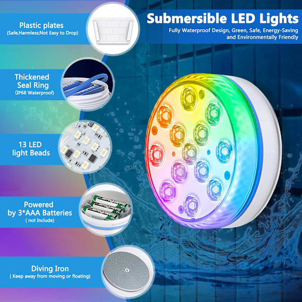 \"QD\" Poolbelysning, 4 st LED undervattenspoollampor, 16 RGB LED poollampor, fjärrkontrollampor IP68 vattentäta poollampor