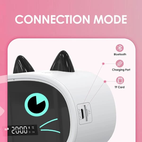 Bluetooth Klockradio, Multifunktionell Trådlös Väckarklocka Bluetooth Högtalare MP3-spelare, Söt Kattöredesign, Stöd för Bluetooth/Minneskortingång