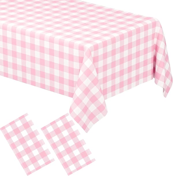 2-pak rektangulær plastikdug, engangs lyserød og hvid ternet dug til fester, picnics og bryllupper, 137 x 274 cm
