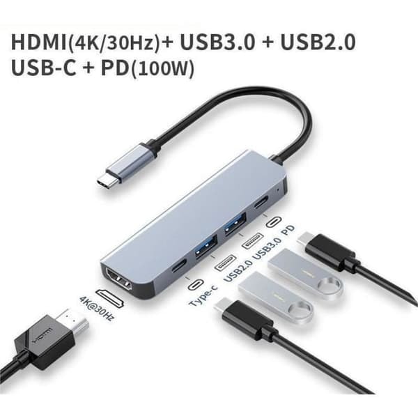 /QD/5 i 1 USB C-hubb, med 4K HDMI, USB 3.0, USB 2.0, TYPE-C2.0, 100W PD, multiport dockningsstation kompatibel