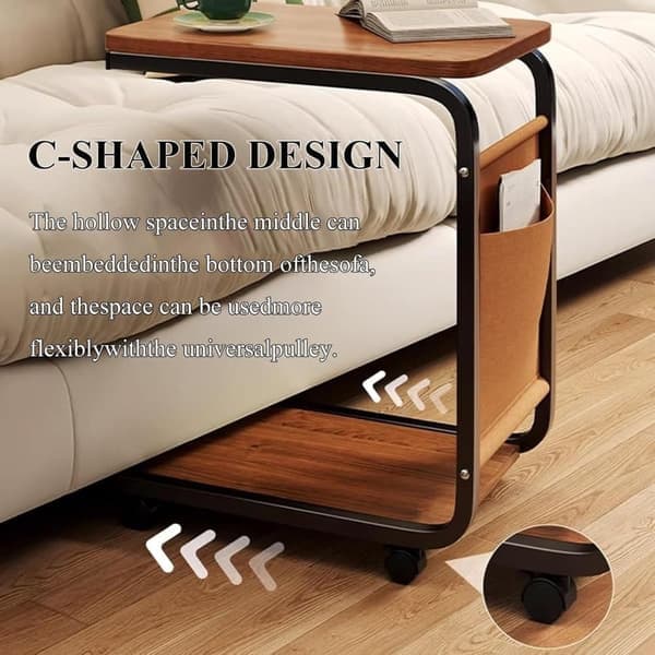 Rullbart sidebord og sofabord – C-format kaffebord i tre med oppbevaring og 360° hjul for sofa/seng