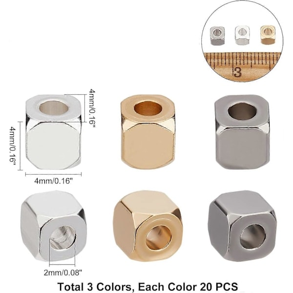 [QD] 60 stk 3 Farger Kubiske Perler Rustfritt Stål Kvadratiske Perler Store Hull Perler for Smykkefremstilling 2 mm Hull