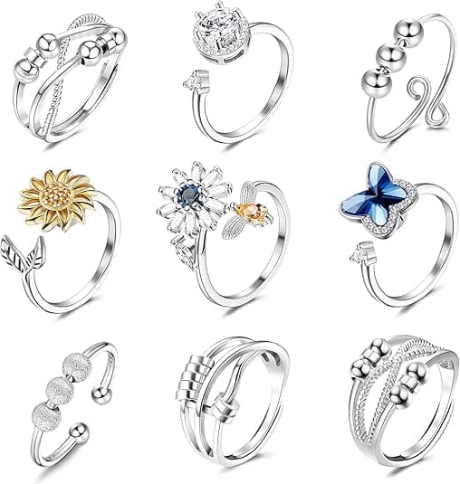 Ring for Kvinder Mænd Spinner Fidget Ringe mod Angst Justerbare Åbne CZ Blomst Perle Stresslindrende Snurrende Roterbare Ringe 9 stk Silver - C