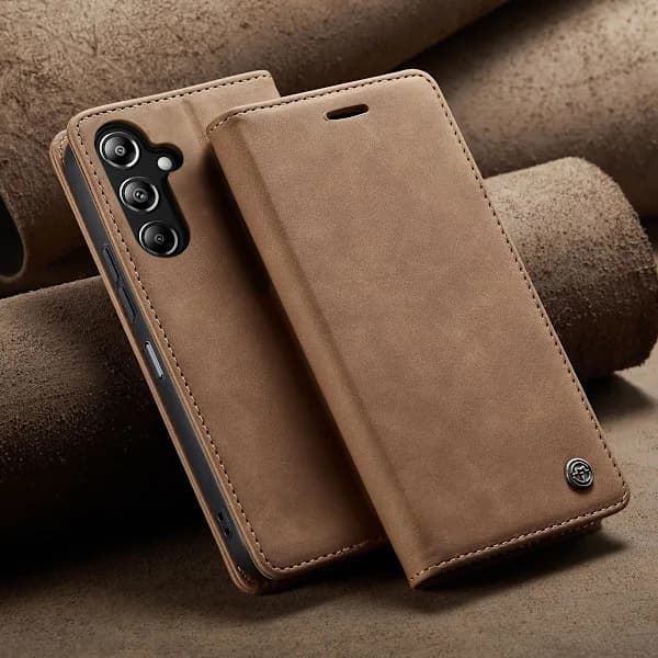 Stødsikkert læderpung-etui med stativ til Samsung A17[JUN] kaffe