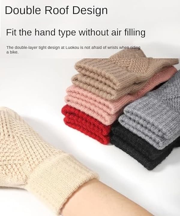 Vinterhandsker til kvinder, varme strikkede, fleeceforede, touchscreen-design med to fingre, til vintervandring og kørsel, beige, one size