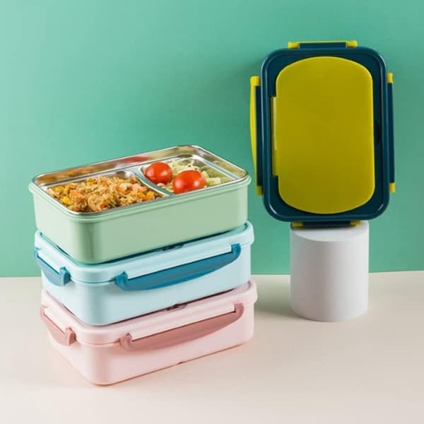 Lunchlåda RVS – 2 Fack – Med Bestick – Läcksäker – Diskmaskinsäker – Bento Box – Khaki – 21,3 x 14,5 x 7,5 cm