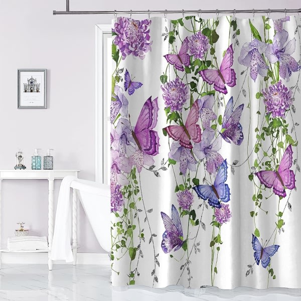 Lila duschdraperi Butterfly duschdraperi för badrum, sommar duschdraperi Lavendel Lila Rosa 12 krokar, 72X72 tum