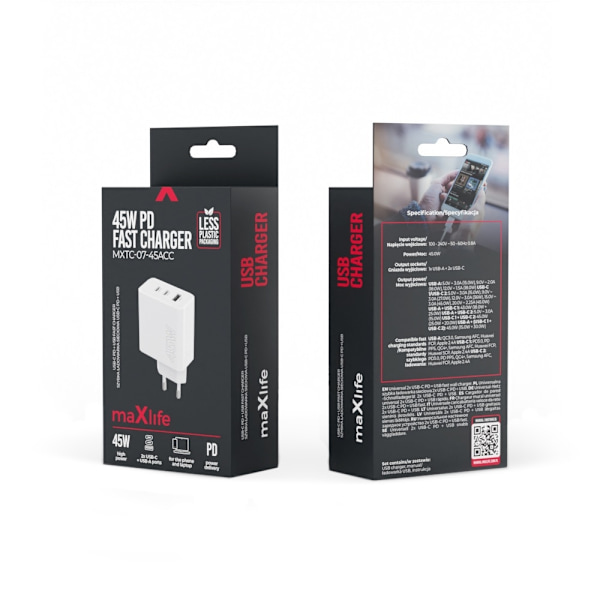 45W PD iPhone, Samsung QC Snabbladdare Väggladdare 2xUSB-C 1xUSB Vit_qu White Vit
