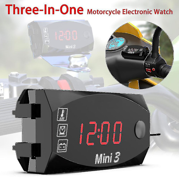 3-i-1 Motorcykel Elektronisk Ur Termometer Voltmeter 12V IP67 Vandtæt Støvtæt LED-Ur Digitalt Display