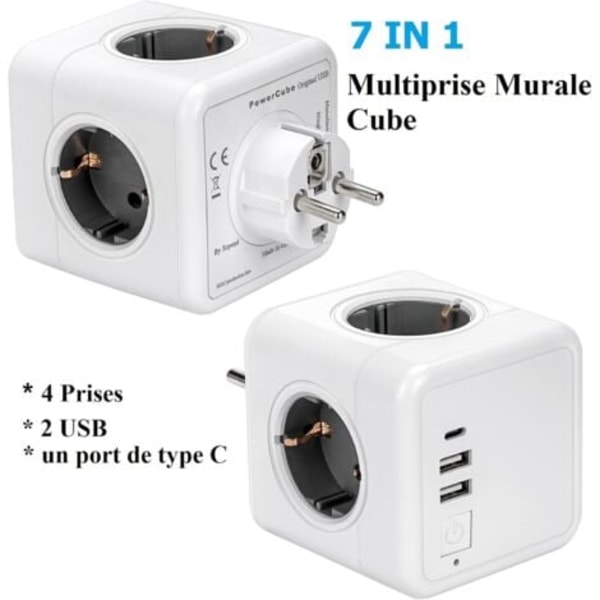 #QD# Useita USB-pistorasioita, Cube Wall -jatkojohto 4 pistorasiaa 2 USB-virtalähteellä, 1 Type C -portti, 7 in 1 USB-virtalähde kytkimellä, USB-seinäjatkojohtolaturi kotiin,