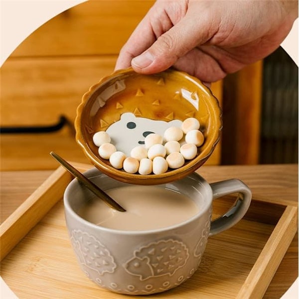 [QD] Søt Piggsvin Kopp med Lokk, Dyr Kaffe Te Kopp Underlag Sett, Gaver til Bursdag Eksamen Valentinsdag Morsdag Jul