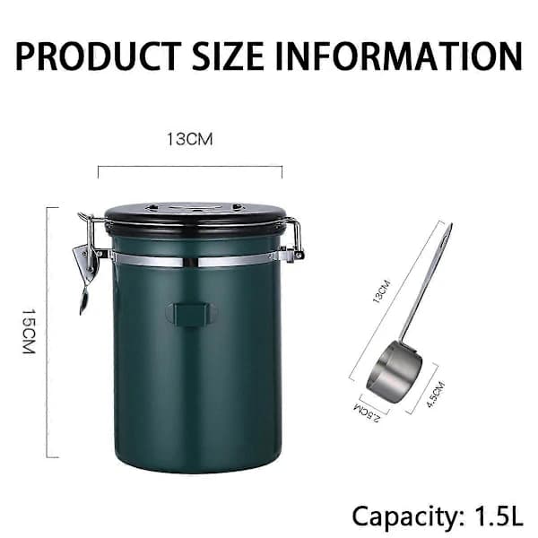 Lufttæt kaffebeholder i rustfrit stål med datatracker og ske til kaffeopbevaring, vakuumforseglet, grøn, 1500 ml style7285