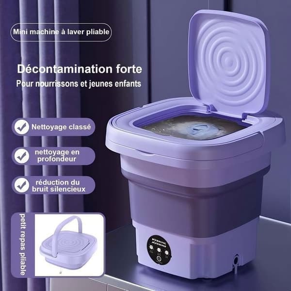 /QD/Bærbar Vaskemaskine - Maskine til vask - 8L - 10W - Lilla - 3 tilstande - Mini vaskemaskine Foldbar - perfekt til undertøj, strømper
