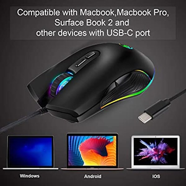 USB-C Mus - Ergonomisk Kablet Mus med RGB-belysning for Spill