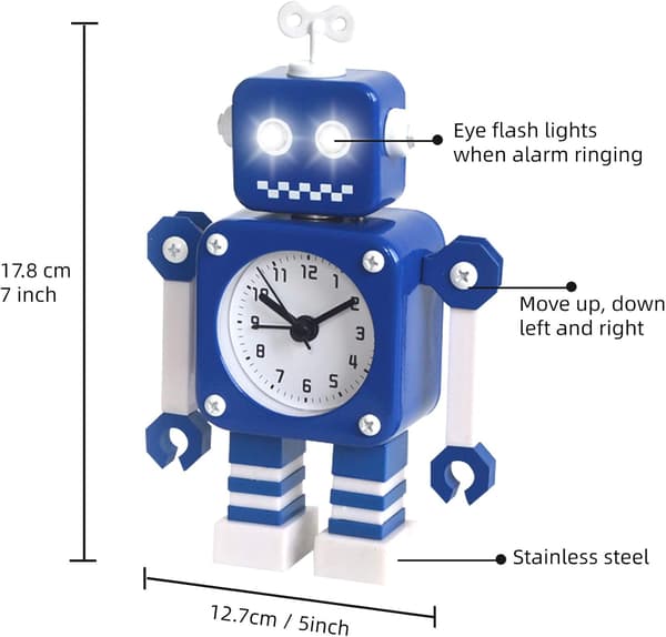 Robot Vækkeur Lydløs Rustfrit Stål med Blinkende Lys Øjne til Børneværelsesindretning Blå 7 Tommer