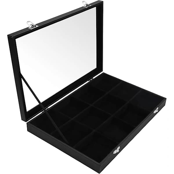 Smyckeskrin - Smyckesförvaring med 12 fack (35,2 x 24 x 4,7 cm) Ringdisplay med sammetsfoder