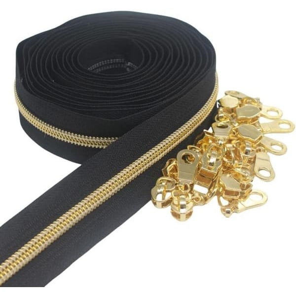 /QD/9 meter metallisk nylon lynlås, 30 mm bred, inklusive 35 skydere (guld sort)