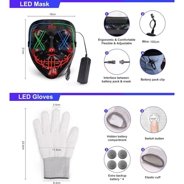 \"QD\" Halloween Maske LED Maske & hansker i flere lysmoduser