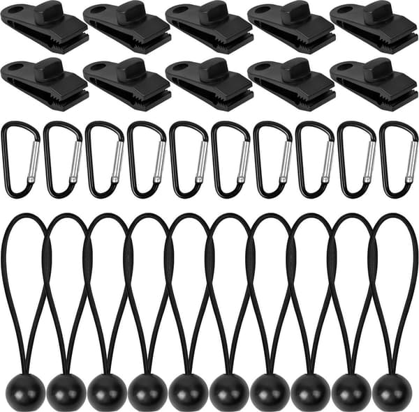 10-pack Canvas Clips, med gummistroppar & karbinhakar, för presenningar/tält