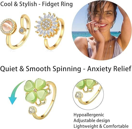 Fidget Ring Ångestringar för Kvinnor Guld 9-pack Justerbar Spinner Ring