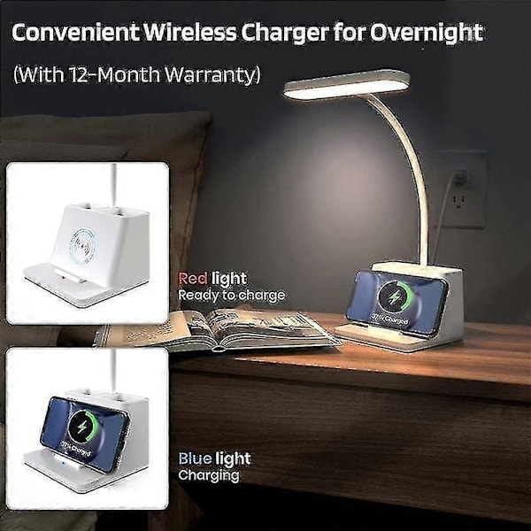 \"QD\" Skrivebordslampe med trådløs lader, hvit svanehalslampe, studielampe for soverom - skrivebordslamper kontor