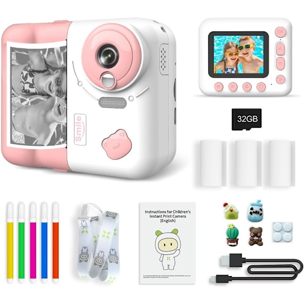 Instant Børne Fotokamera, 1080P 2.4\" Instant Print Kamera til Børn med Termisk Printpapir Farve Tusser Halsrem, Pink