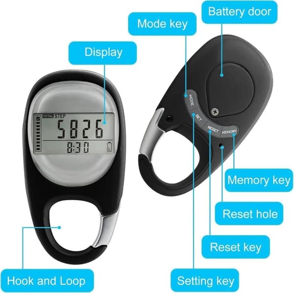 3D Pedometer, Multifunction Pedometer with Climbing Carabiner – Portable, LED Display, for Running and Walking