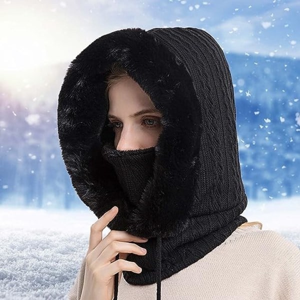 \"QD\" Sort 2-i-1 Hue Vintervarm Hat Halstørklæde Hue Vinter Balaclava