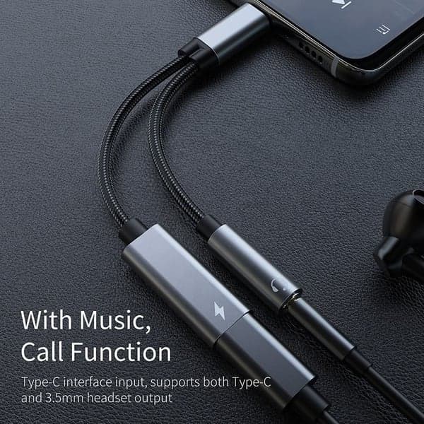 USB-C-adapter for 3,5 mm hodetelefoner og USB-C-lader, svart