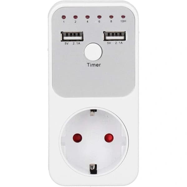 Uttak med timer og USB, 16A, 230V, Hvit