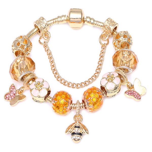 [QD] Rosa berlockarmband med tecknat tema, passar Pandora, dam DIY-smycken - bi (19 cm/7,5 tum)