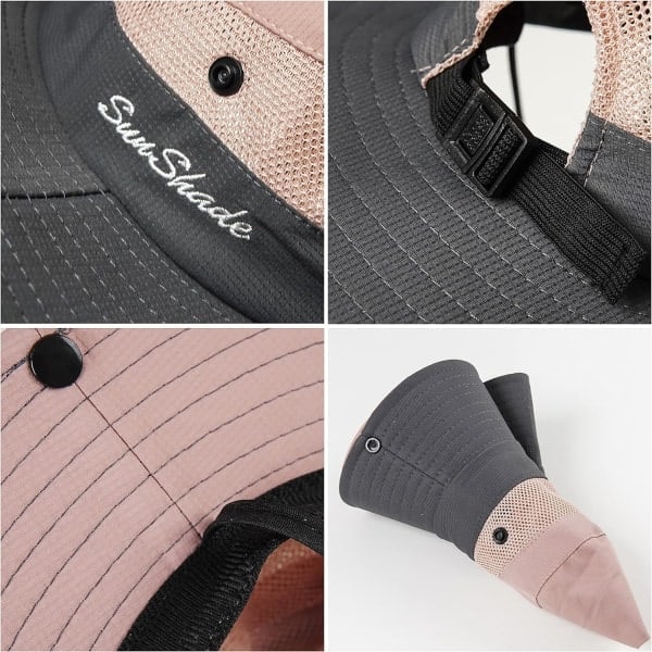 [QD] UV udendørs, sammenfoldelig solhat i mesh med bred skygge, strandfiskehat med hul til hestehale (pink)
