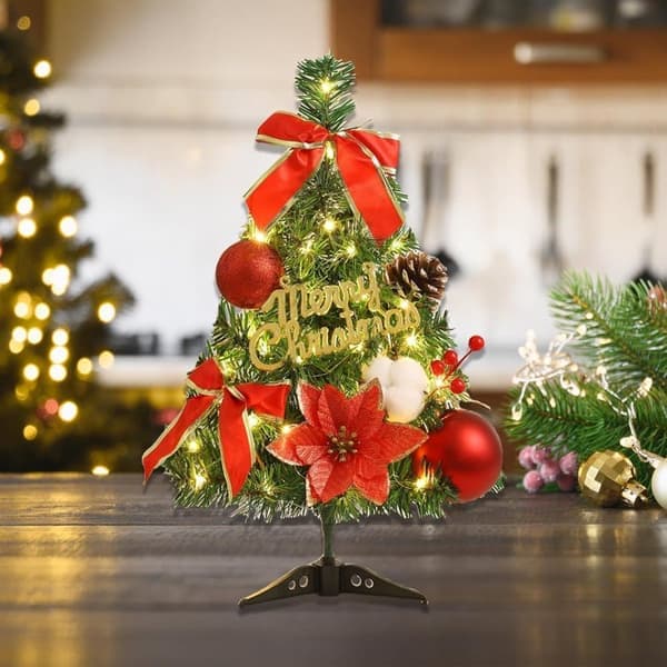 Mini Christmas Tree 45cm with Decorations, Tabletop Christmas Tree and Hanging Christmas Tree with LED Lights