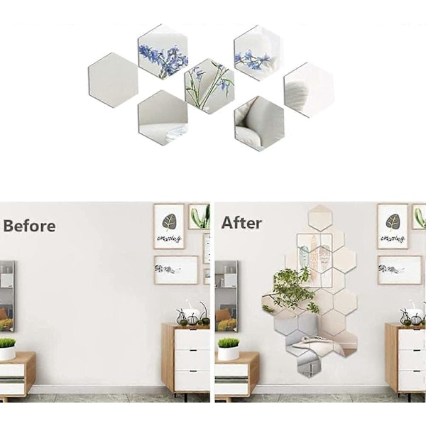 \"QD\" 24 Stk. Akryl Hexagon Spejle, Selvklæbende Fleksibel Spejlark DIY Kunst Spejl til Stue Soveværelse Badeværelse Sofa TV Baggrund Vægdekoration