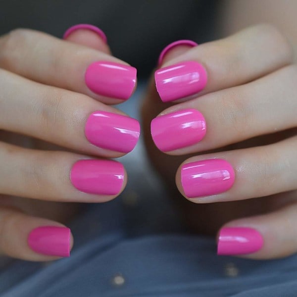 [QD] Korte neon pink falske negle i firkantet form, naturlige gelnegle, kunstige farvede neglespidser med selvklæbende faner