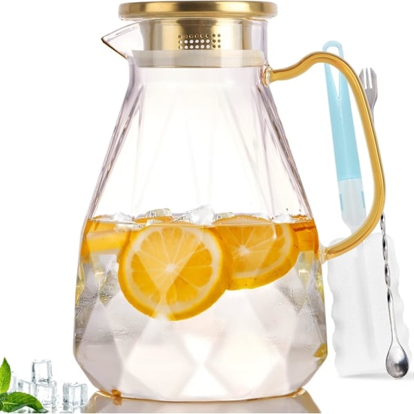 Glasskanne med Lokk, Glasskanne, Glasskaraffel med Lokk, Borosilikatglass Vannkanne, Iskanne for Te, 1,5 Liter_QF