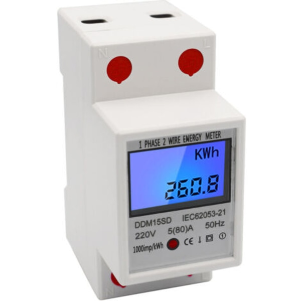 QQU-EDF Måler Enkeltfaset DIN-skinne Energimåler 5-80A 220V 50Hz Elektronisk KWh-måler med LCD-baggrundslys Digital Display DDM15SD, Hvid - Hvid