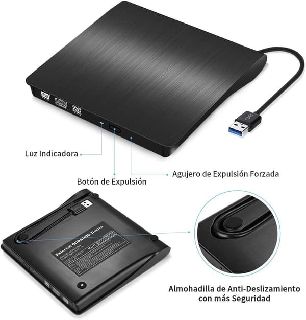 Ekstern DVD CD-drev USB 3.0 CD DVD-brænder Plug and Play til bærbar pc MacBook Windows Linux Mac Sort