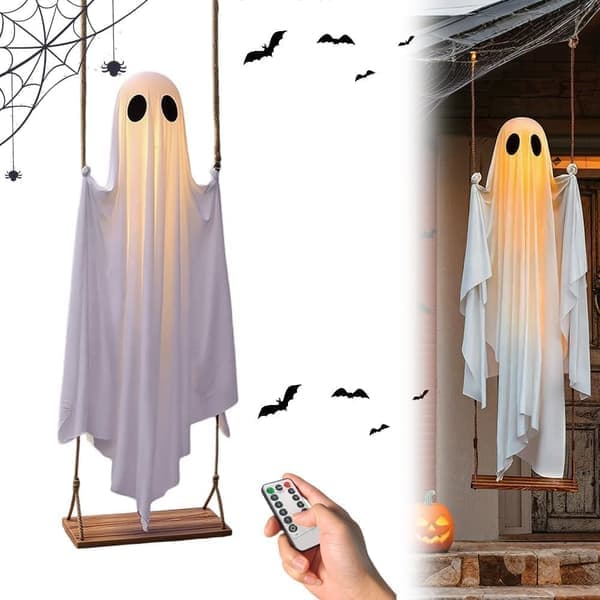 Halloween Outdoor Decorations - Large Hanging Swinging Ghost Decor with Remote Control - 5 Ft