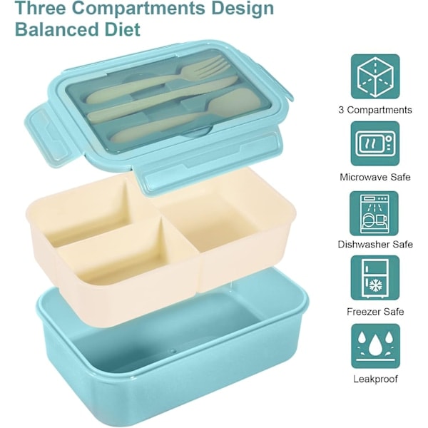 [QD] 1400 ml Bento Matboks, beholder med 3 rom, BPA-fri matboks for voksne og barn, blå