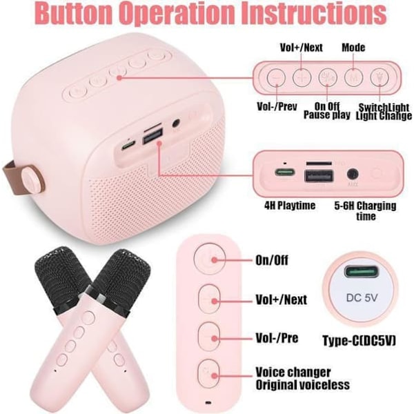 /QD/Karaokemikrofon - Barn - Bärbar - 2 mikrofoner - Bluetooth 5.0 - LED-ljudljus