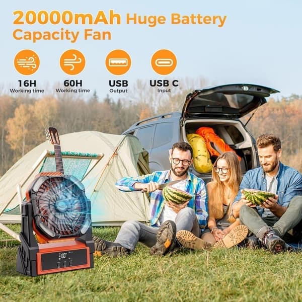 Campingventilator med LED-lys, Bærbar Ventilator 20000mAh Batteri, 4 Hastigheder til Udendørs & Telt