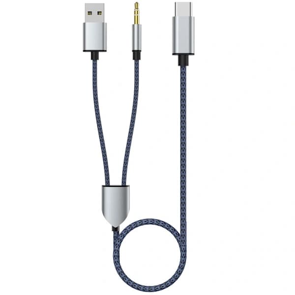 QU-2-i-1 Typ-c Bil Lydkabel 1 Delt 2 Type C Til Usb A 3.5mm Aux Ledning Blå, A