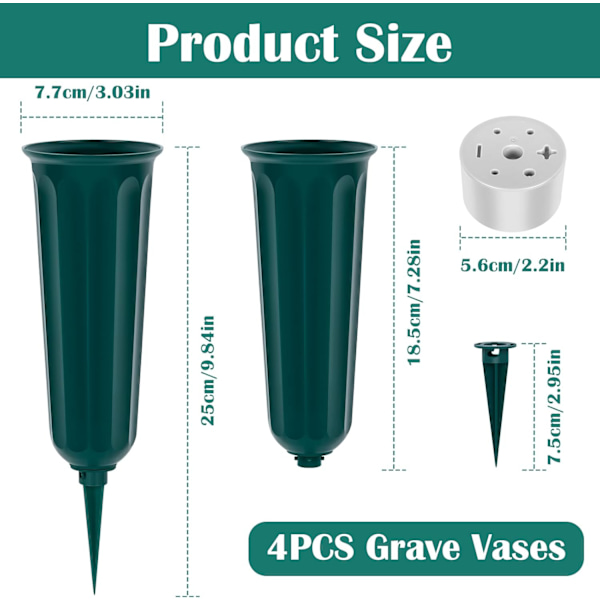 QU*4 stk grønn gravvaseinnsats plast, gravvase med markspyd og base, monument gravvaser, kirkegårdsvase for grav kirkegård hagedekorasjon